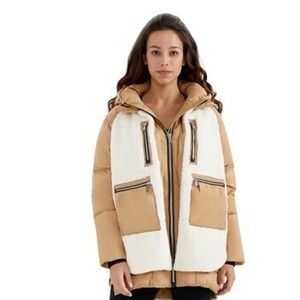 Orolay Womens Puffer Jacket NEW Tan Cream Sherpa Mixed Media Hooded Parka XS